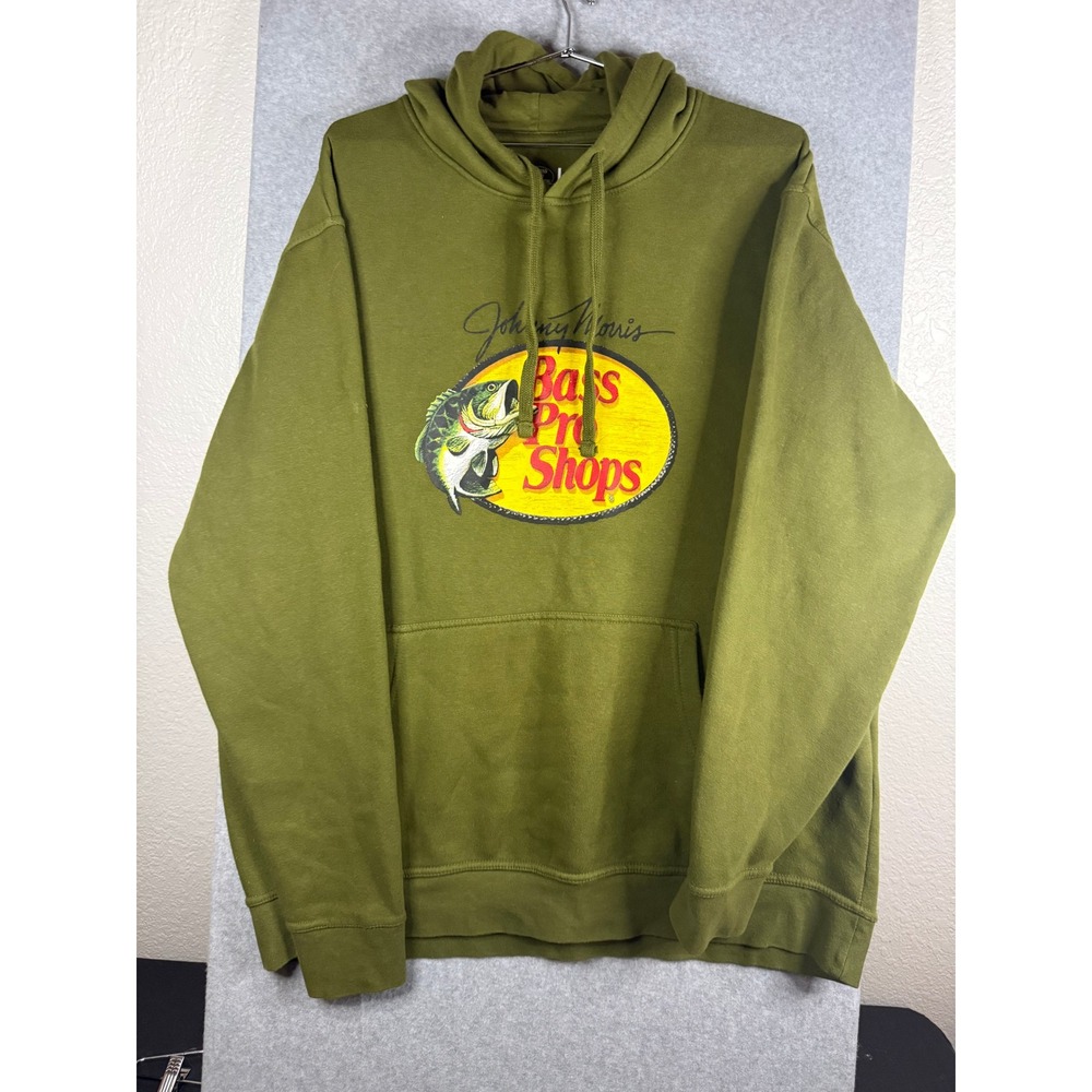 Bass Pro Shops Johnny Morris Graphic Hoodie Olive Green Mens Large L Pullover